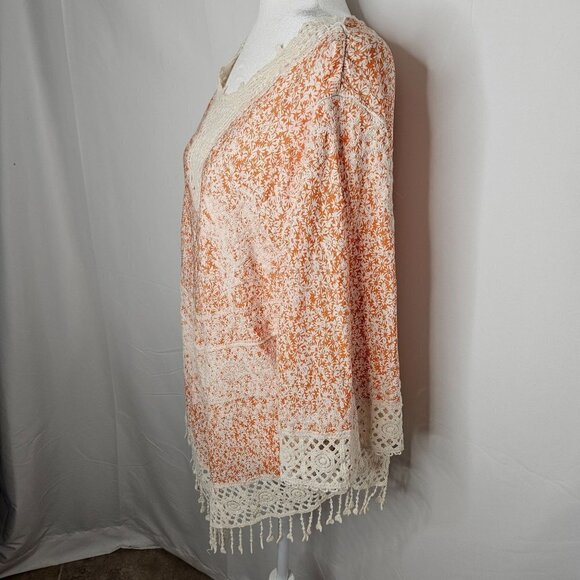 Solitaire size XL White Orange Floral Crochet Trim Cottagec Fringe Solitaire Top - Picture 7 of 11